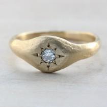wedding photo - Unique Alternative Diamond Engagement Ring - 3mm Diamond Small Signet Ring - Ancient Texture Star Bead Setting - Gold or Palladium Recycled