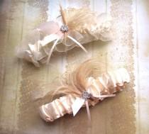 wedding photo - Ivory Garter Set - Satin ivory garter set with cream and ivory feathers and rhinestone jewel, wedding garters