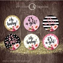 wedding photo - Black Stripe Gold Glitter Floral Kate CUPCAKE TOPPERS Baby Shower Birthday Party  --  Digital Printable File