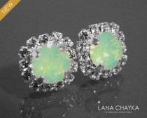 wedding photo -  Chrysolite Green Opal Crystal Halo Earrings Swarovski Chrysolite Rhinestone Studs Light Green Bridesmaids Earrings Green Opal Halo Earrings