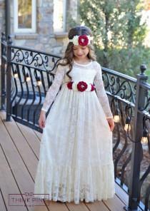 wedding photo - lace girl dress, flower girl dress, flower girl lace dresses, long sleeve dress, country lace dress, cream toddler dress, ivory lace dress