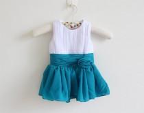 wedding photo - White Teal Flower Girl Dress with Straps White Teal Knee-length Chiffon Baby Girl Dress With Flower