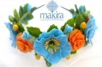 wedding photo - Blue poppy, bridal hair flower, peony blossom crown, wedding flower headband, headband with blue poppy, flower hair accessory,cold porcelain