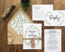 wedding photo - rustic wedding invitation, woodland wedding, painted watercolor wreath, green botanical wreath wedding invite, printed wedding invitations,