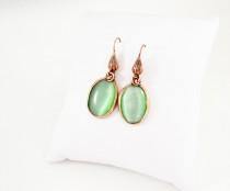 wedding photo - Eye Cat glass in the copper metal plate earrings of the metal sheet earrings with the glass green earrings viintage mint copper gift for her