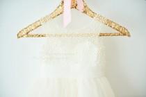wedding photo - V Back Pearl Beaded Lace Champagne Tulle Flower Girl Dress Wedding Bridesmaid Dress M0055