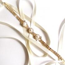 wedding photo - Gold Rhinestone Ribbon Bridal Headband - White or Ivory Satin - Gold Crystal Pearl