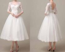 wedding photo - 50shouse_ 50s inspired retro feel lace top Tulle tea length wedding dress with flower sash_ custom make
