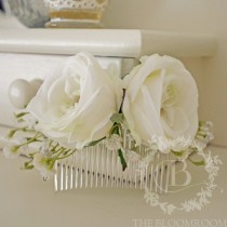 wedding photo - Flower comb, handmade, made to order, silk flowers, white, baby's breath, rose blooms, clear plastic hair comb