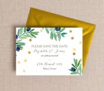 wedding photo - Green & Gold Olive Wreath Wedding Save the Date cards or Magnets