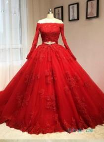 wedding photo -  Vintage red long sleeved ball gown wedding dress