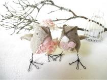 wedding photo - Wedding Cake Topper Love Birds Fabric Soft Sculptures Rustic pink ivory gray Linen Burlap Shabby Chic