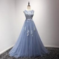 wedding photo - Blue Lace Prom Dress Hand Made Flowers with Beading Party Dress 2017 Women Formal Evening Gown Girls Party Dresses Bridal Wedding Party