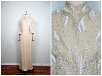 wedding photo - Cream & White Beaded Gown by Judith Ann Creations // Champagne Ivory Beaded Silk Dress w/ Jacket Large