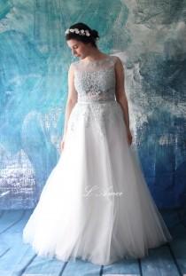 wedding photo - Stunning Light Blue Lace and Tulle Open Back Wedding Dress - AM 1958020