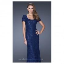 wedding photo - Navy Sequin Short Sleeved Gown by La Femme - Color Your Classy Wardrobe