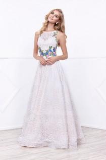 wedding photo -  A-line Sleeveless Bateau Neck Ivory Illusion Floral Lace Long Prom Dress