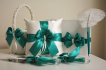 wedding photo -  Green Ring Bearer Pillow \ Emerald Flower Girl Basket \ Emerald Wedding Pillow \ Green Wedding Basket \ Green Guest book \ Green Cake Server