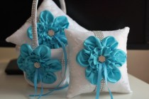 wedding photo -  Turquoise Flower Girl Basket \ Turquoise Ring Pillow \ White Sky Blue Bearer Pillow \ Turquoise Wedding Basket Pillow Set \ Sky Blue Basket