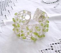 wedding photo - Boho wedding bracelet, Crochet Green Peridot Gemstone Summer Bridal Jewelry, Lace Silver, August birthstone, Bridesmaids Maid of honor gift