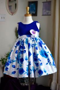 wedding photo - Flower Girl Navy and White, with Flower Patter Multi Layer Dress (0015)