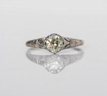 wedding photo - Edwardian 18K White Gold ORANGE Blossom Engagement Ring with GIA certified .65ct Light Yellowish Old European Cut Diamond - VEG#483