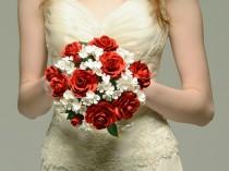 wedding photo - Red Rose Paper Wedding Bouquet  with Snowball Flower accents