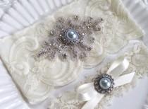wedding photo - Bridal rhinestone applique heirloom garter set. Cream/ Ivory stretch lace Something Blue Pearl wedding garter. ELOISE