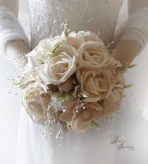 wedding photo - Ready to Ship ~ FREE Priority Mail Shipping! ~~~ Elegant Medium Size Ivory Sola Flower Bridal Bouquet with blush satin ribbon & lace.