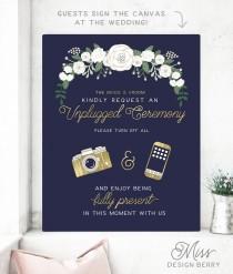 wedding photo - Unplugged Wedding Sign Navy and Gold- Unplugged ceremony sign -No phones or cameras please -  Navy and Gold wedding sign  - CANVAS