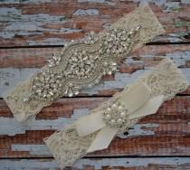 wedding photo - Rhinestone and Pearl Wedding Garter Set, Wedding Garter, Elegant Bridal Garter Belt, Ivory Or White Bow With Rhinestone Toss, 1R3