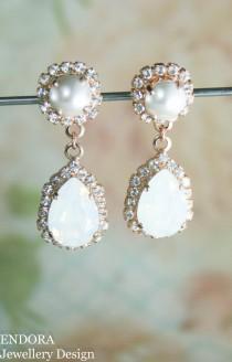wedding photo - Swarovski earrings,white opal earrings,bridal earrings,rose gold earrings,rose gold bridal earrings,white bridal earrings,crystal and pearl