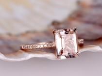 wedding photo - Emerald 8x6mm Morganite ring,diamond engagement ring,solid 14k Rose gold band,Pink gemstone,bridal,promise ring,stacking matching band