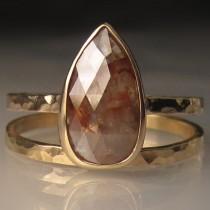 wedding photo - Rose Cut Diamond Engagement Ring, 14k Yellow Gold Diamond Ring, Hammered Diamond Wedding Set