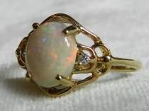 wedding photo - Opal Ring Opal Engagement Ring 14K Diamond Opal Engagement Ring Vintage Australian Opal Ring Unique Engagement Ring October Birthstone Libra