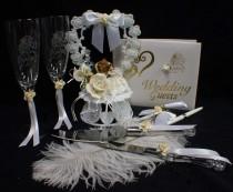 wedding photo - Disney Beauty and the Beast Wedding Cake Topper lot Glasses, knife, server, guest book, pen, holder, garter