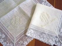 wedding photo - Wedding Handkerchief: Ivory Color Irish Linen Lace Handkerchief with 3-Initial Monogram and Date