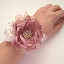 wedding photo - Wrist Corsage - Mauve, Champagne and Ivory Wrist Corsage - Gold Accents, Handmade Fabric Flowers, Bridesmaids, Grandmothers, Bridal Party