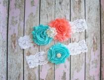 wedding photo - SALE Garter Set, Wedding Garter, Coral Toss Garter, Lace Garter, Aqua Bridal Garter, Something Blue, White Lace