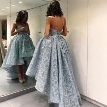 wedding photo - High Low Sweetheart Sleeveless Light Sky Blue Lace Prom Dress with Appliques from Dressywomen