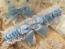 wedding photo - WEDDING GARTER baby blue and white satin and lace garter heart diamante bows