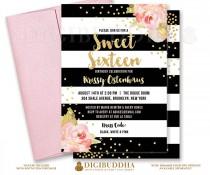 wedding photo - SWEET SIXTEEN INVITATION Black & White Stripe Birthday Pink Peonies Gold Glitter Confetti Printable Invite Rose Free Shipping or DiY- Krissy