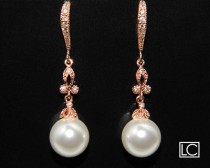 wedding photo - White Pearl Rose Gold Wedding Earrings Swarovski 10mm Pearl Drop CZ Rose Gold Earrings Bridal Rose Gold Dangle Earrings Bridesmaids Jewelry