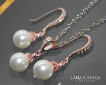 wedding photo - White Pearl Rose Gold Bridal Set Earrings&Necklace Small Pearl Set Swarovski 8mm Pearl Rose Gold Jewelry Set Wedding Rose Gold Pearl Sets