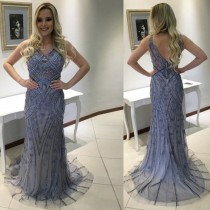 wedding photo - Mermaid V-neck Sleeveless Sweep Train Blue Backless Prom Dress with Beading Appliques from Tidetell