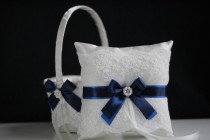 wedding photo -  Royal Navy Wedding Basket \ Royal Navy Bearer Pillow \ Blue Flower Girl Basket \ Blue Wedding Pillow Basket Set \ Royal Navy Basket