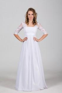 wedding photo - Boho Vintage Inspired Wedding Dress with Chantelle Lace Corset, Cutout, Sleeves, Chiffon Skirt, Belt, Bohemian