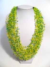 wedding photo - Spring or summer necklace yellow green airy crochet multistrand statement bright gift for her cobweb everyday casual bridesmaid unusual bead