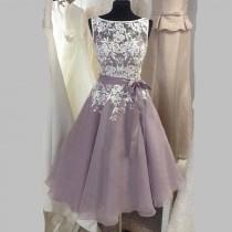 wedding photo - Glamorous Bateau Sleeveless Mid-Calf Gray Bridesmaid Dress with Sash Lace Top