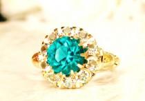 wedding photo - Antique Engagement Ring 2.37ctw Green & Clear Glass Halo Ring Imitation Emerald Alternative Engagement Ring 10K Gold May Birthstone Ring